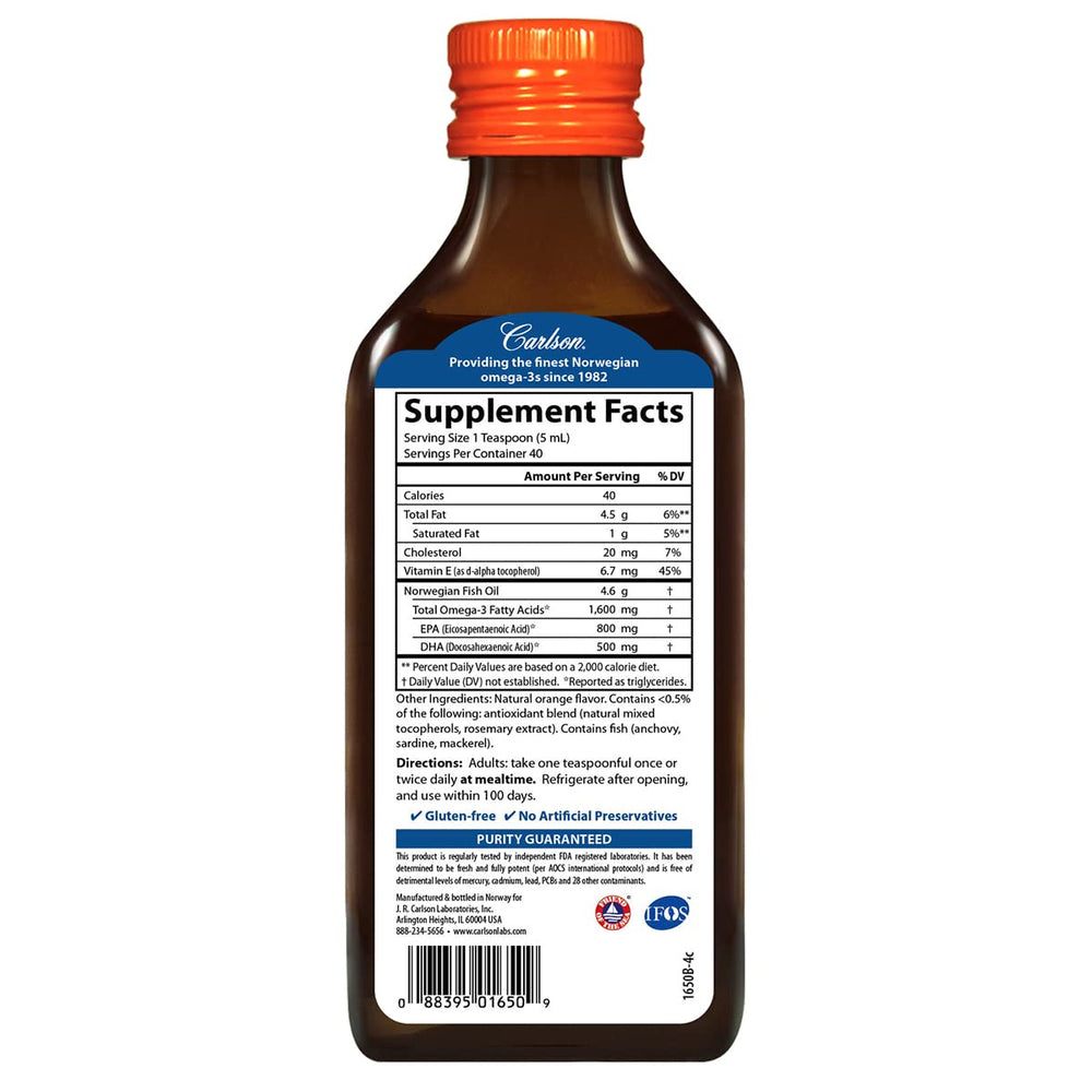 Carlson fish oil orange bottle back with supplement facts