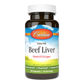 Carlson Grass-Fed Beef Liver bottle front with label and 60 capsules