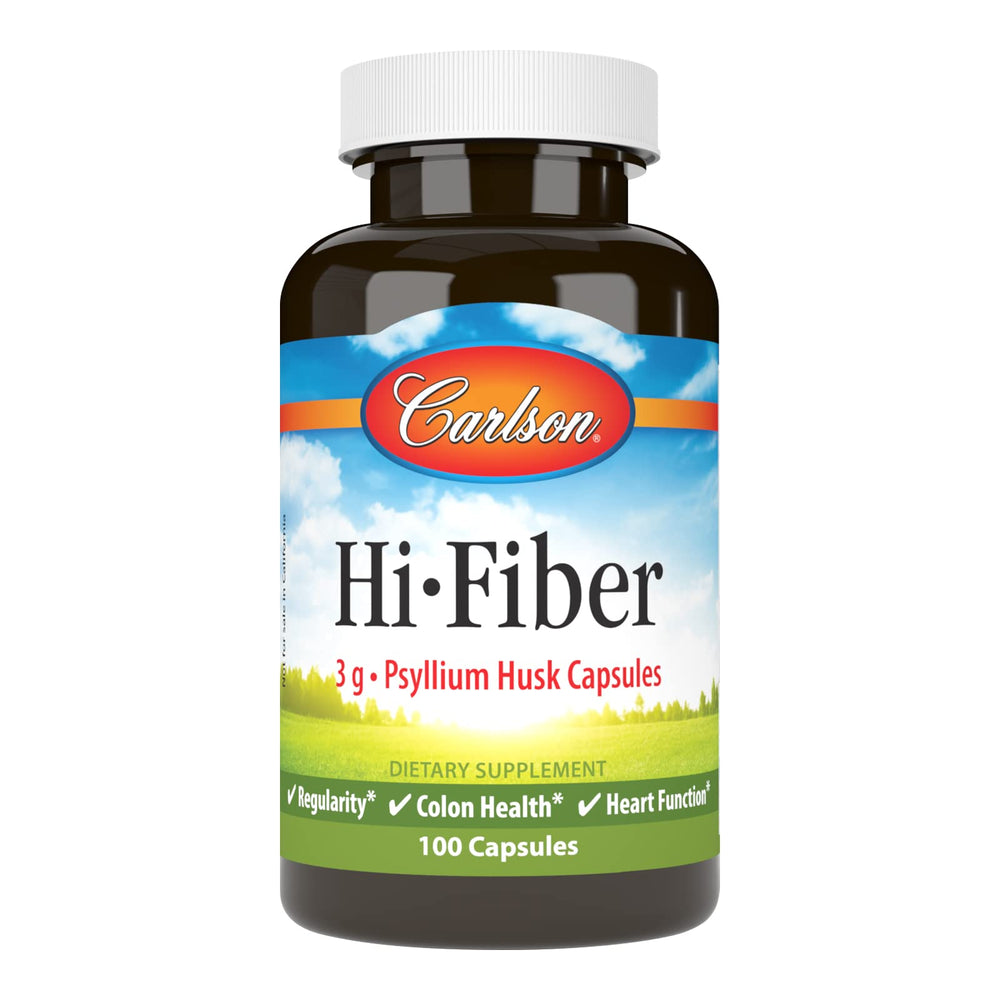 Bottle of Carlson Hi-Fiber Psyllium Husk Capsules with 3 g per capsule