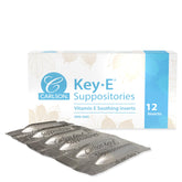 Carlson Key-E suppositories packaging showing 12-count box and moisturizing formula