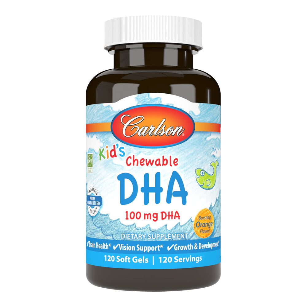 Carlson Kid's Chewable DHA 100 mg bottle front label with orange flavor