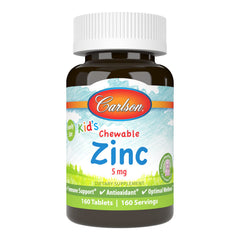 Packaging for Carlson Kids Chewable Zinc 5 mg berry flavor – 160 tablets
