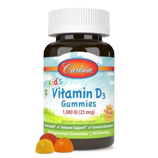 Front view of Carlson Kid's Vitamin D3 Gummies bottle