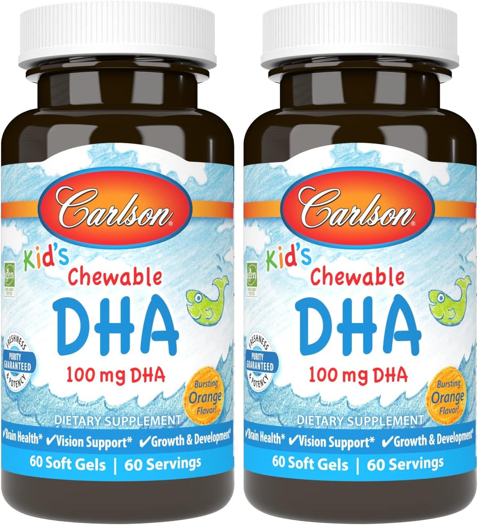 Front view of Carlson Kid's DHA orange flavor, 60 softgels per bottle, pack of 2
