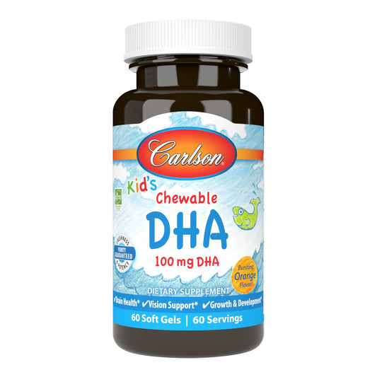 Carlson Kids DHA orange-flavored chewables packaging on white background