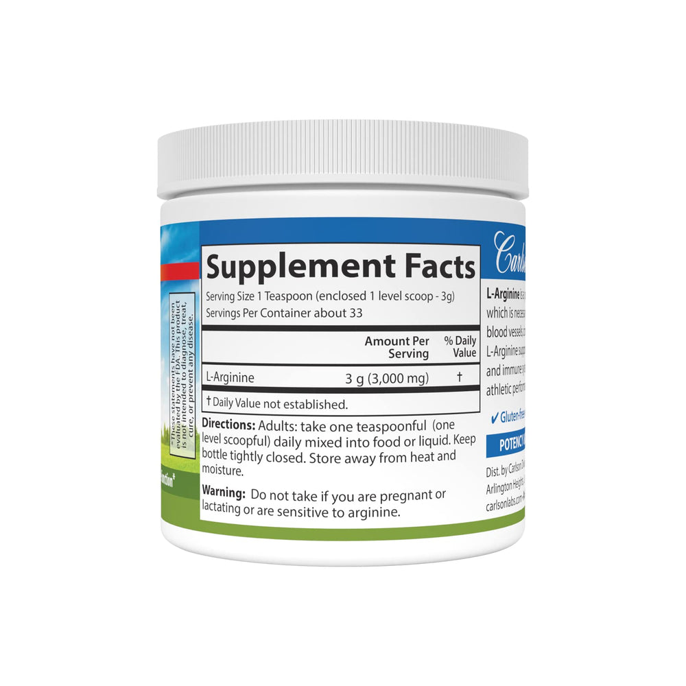 Scoop of Carlson L-Arginine powder showing 1 teaspoon