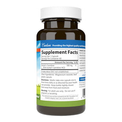 Label showing Carlson Acetyl L-Carnitine 500mg 60 capsules