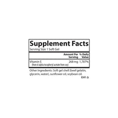 Serving size and supplement facts for Carlson E-Gems Vitamin E