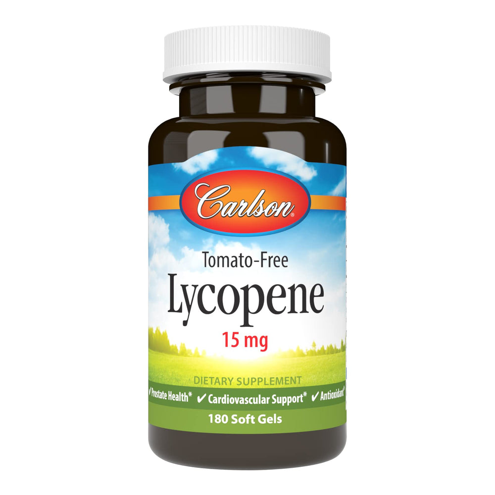 Carlson Lycopene 15 mg tomato-free bottle on white background