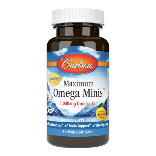 Carlson Maximum Omega Minis Lemon bottle with 60 mini softgels