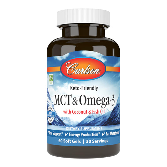 Carlson MCT & Omega-3 Coconut Oil softgels bottle front