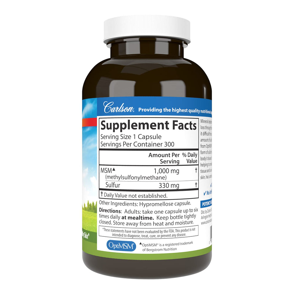 Close-up of Carlson MSM sulfur 1000 mg capsules