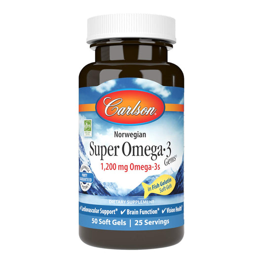 Carlson Omega-3 Gems bottle showing 1200 mg omega-3s per serving