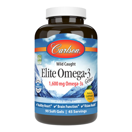 Carlson Elite Omega-3 Gems lemon-flavored softgels bottle front