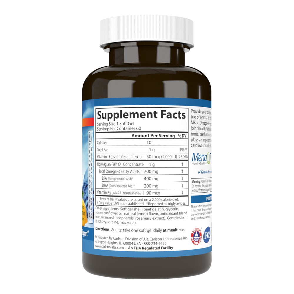 Nutrition facts panel for Carlson Elite Omega-3 Plus D & K Lemon