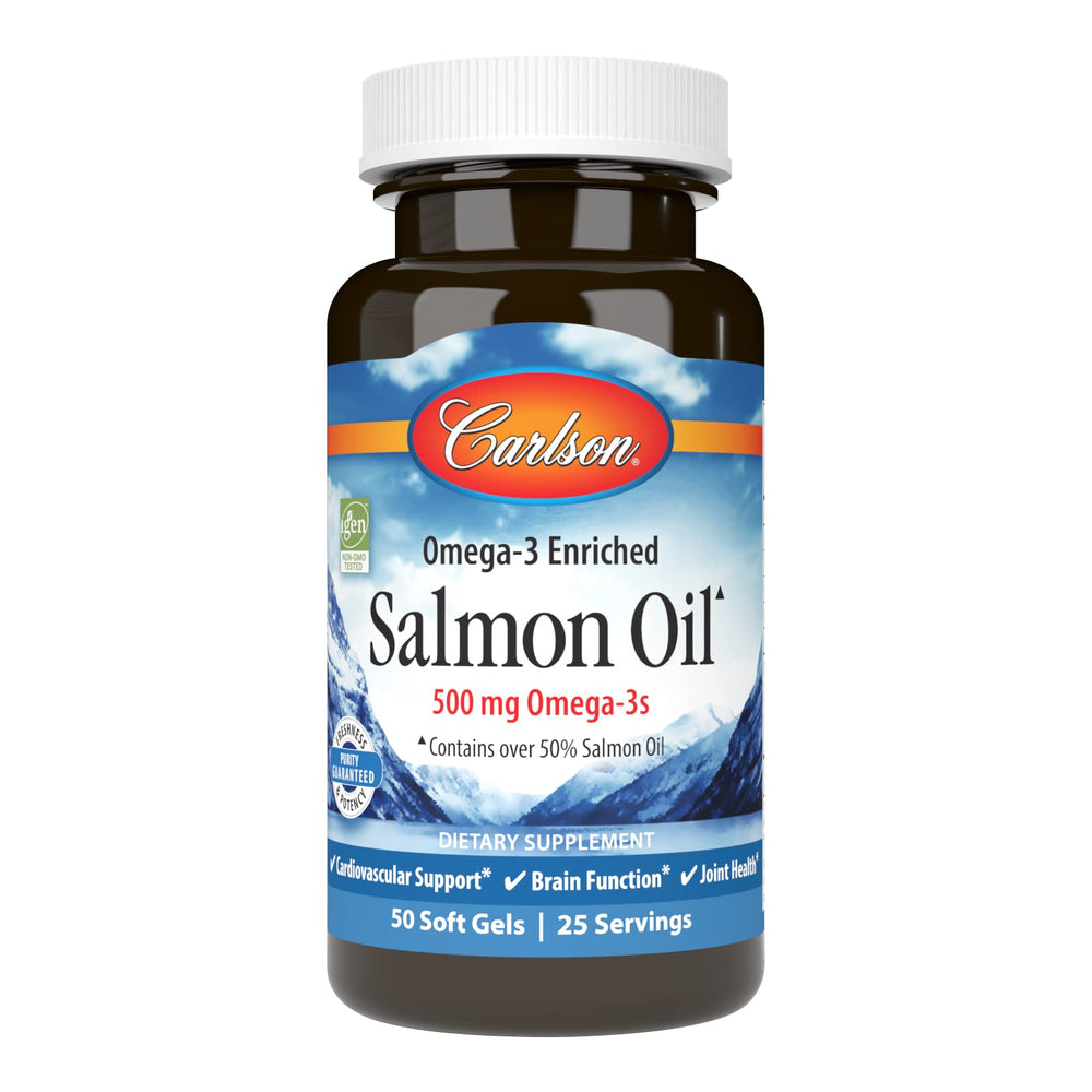Carlson Salmon Oil bottle label showing 500 mg omega-3s