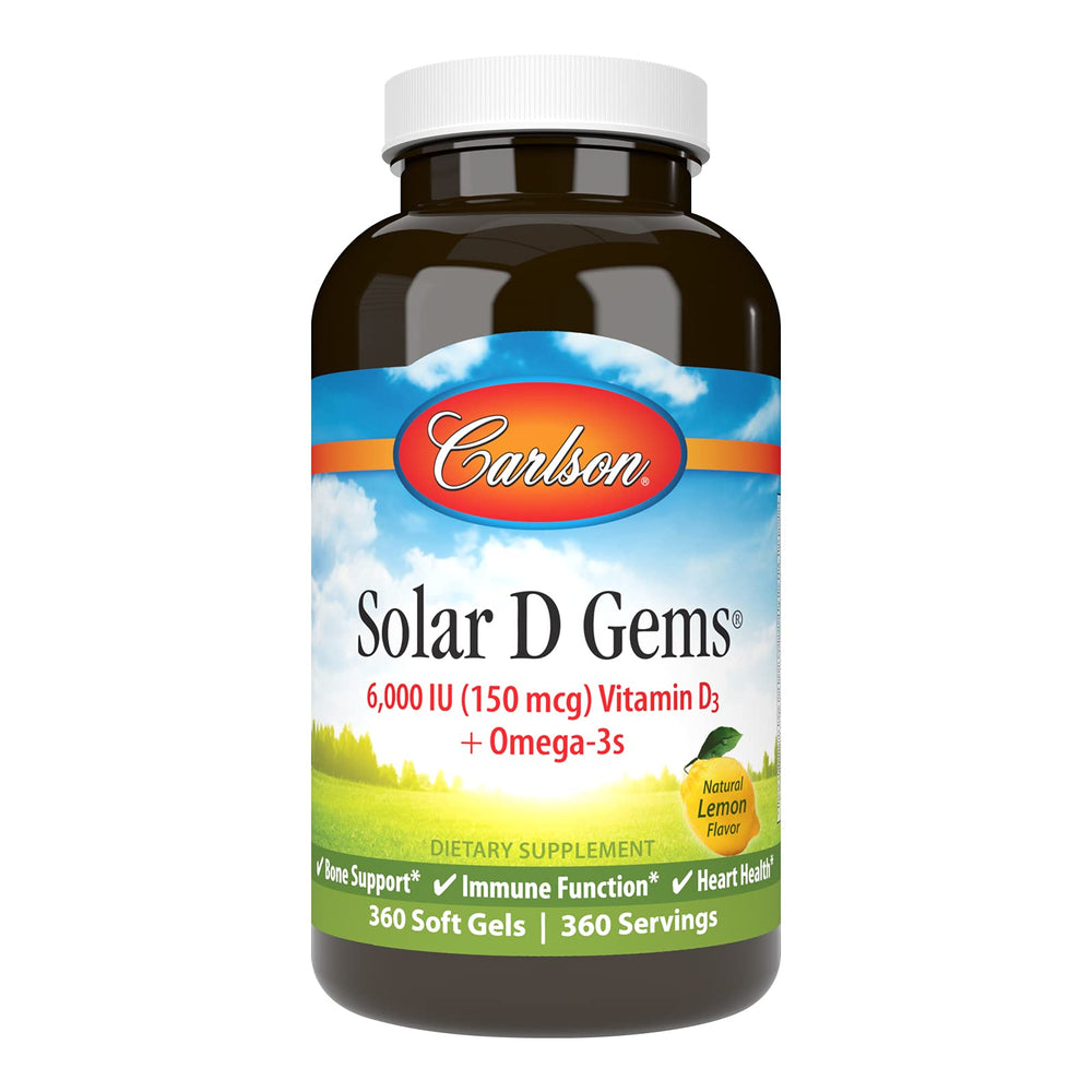 Bottle of Carlson Solar D Gems Lemon Vitamin D3 and Omega-3 softgels