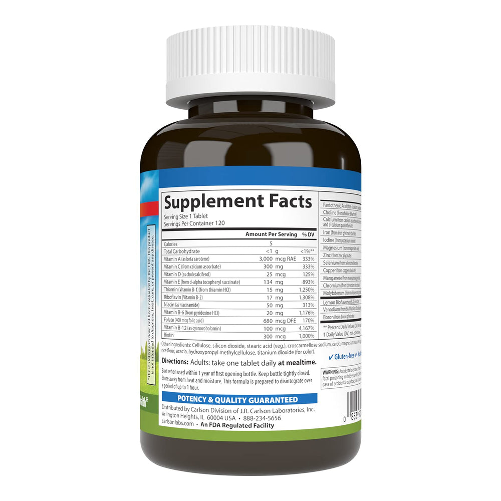 Back label with supplement facts for Carlson Multivitamin