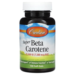 Carlson Super Beta Carotene bottle with 100 softgels, 25000 IU (15 mg) Vitamin A as Beta Carotene