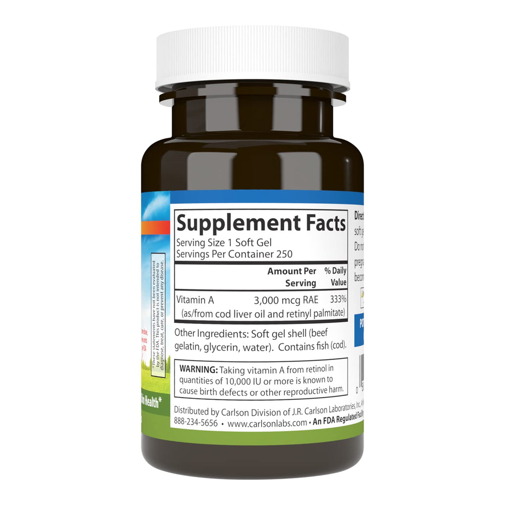 Back label with supplement facts for Carlson Vitamin A