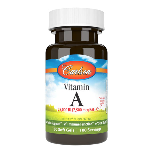 Bottle of Carlson Vitamin A 25,000 IU soft gels