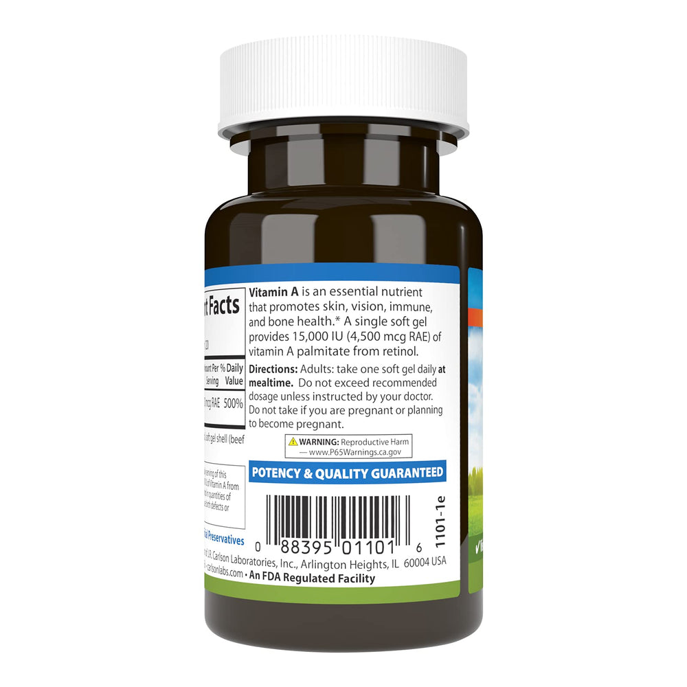 Nutrition label showing 15000 IU per softgel