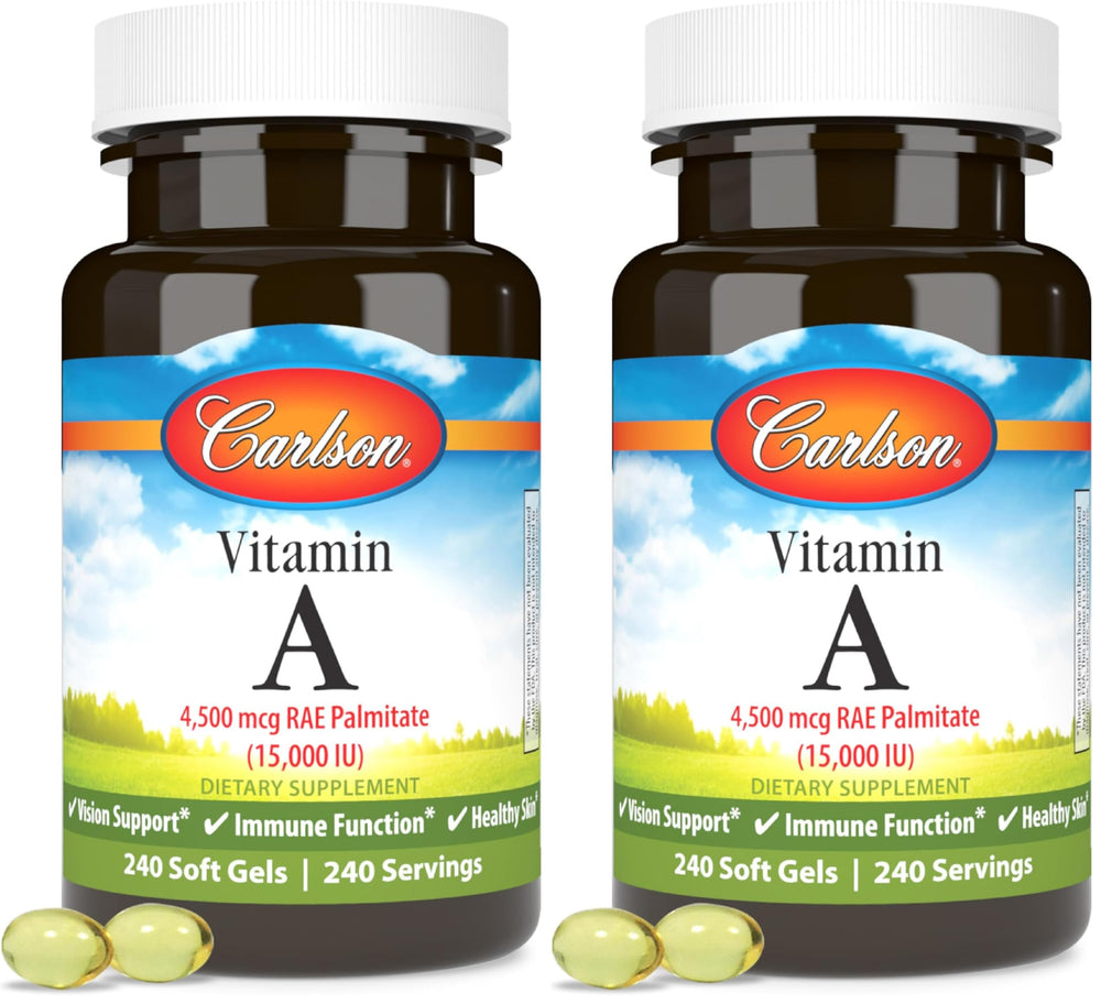 Carlson Vitamin A Palmitate softgel bottle labeled for vision health