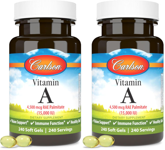 Carlson Vitamin A Palmitate softgel bottle labeled for vision health