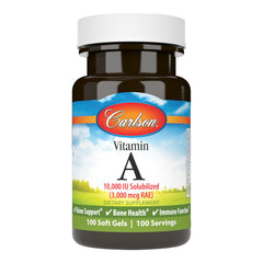 Carlson Vitamin A Solubilized softgels bottle label showing 10,000 IU per softgel