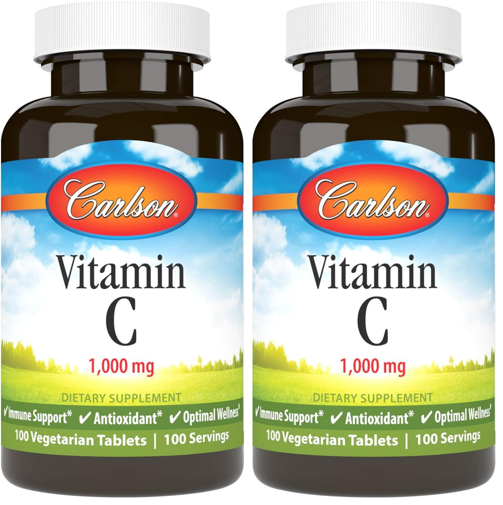 Front view of Carlson Vitamin C 1000 mg bottle, 100-count, pack of 2