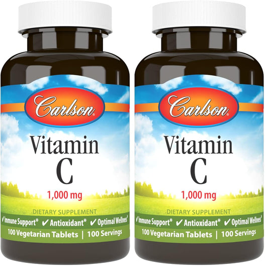 Front view of Carlson Vitamin C 1000 mg bottle, 100-count, pack of 2