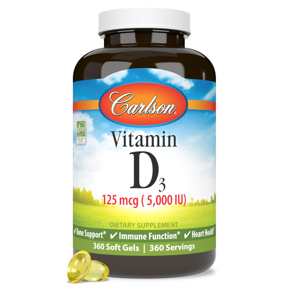 Front view of Carlson Vitamin D3 5000 IU softgels bottle with 360-count packaging
