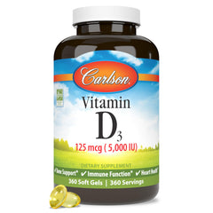 Front view of Carlson Vitamin D3 5000 IU softgels bottle with 360-count packaging