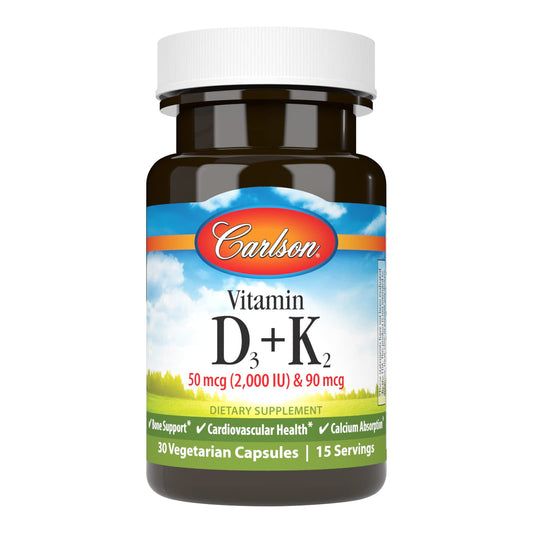 Carlson Vitamin D3 + K2 bottle front view, 30 capsules