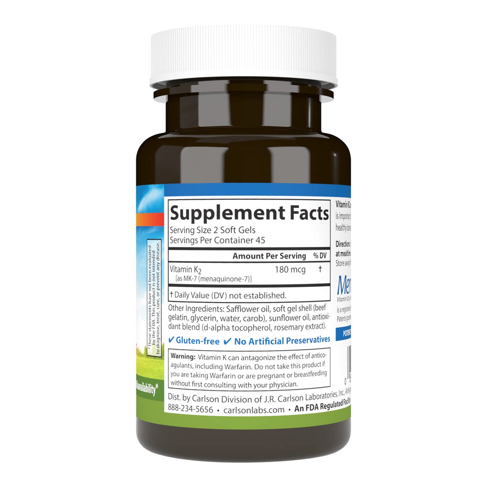 Carlson Vitamin K2 MK-7 softgel bottle back label