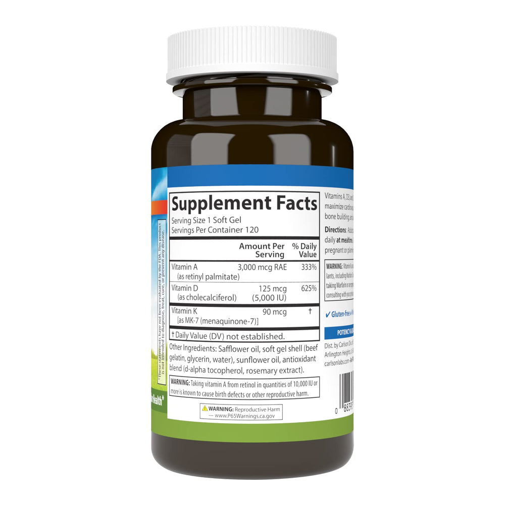 Close-up of Carlson A D3 K2 supplement bottle