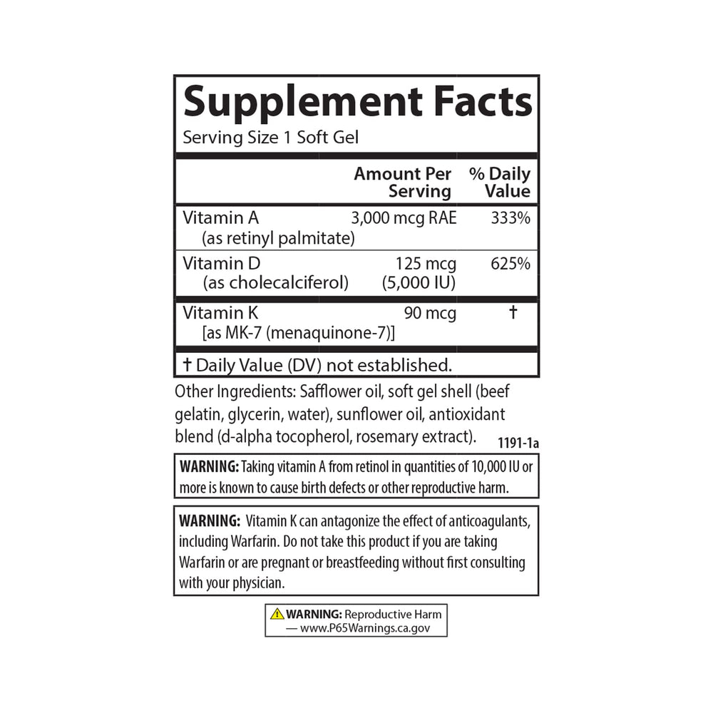Nutritional facts panel of Carlson A D3 K2 bottle