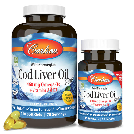 Carlson Cod Liver Oil Gems Lemon flavor bottle – 180 softgels