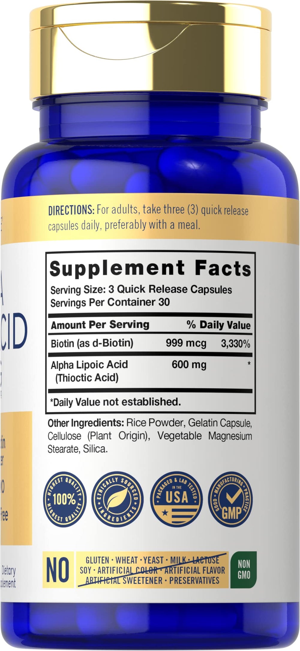 Close-up of label showing 600 mg Alpha Lipoic Acid