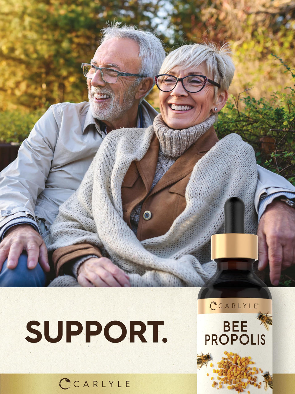 Nutrition facts and non-GMO gluten-free indicators for Carlyle Bee Propolis Drops.