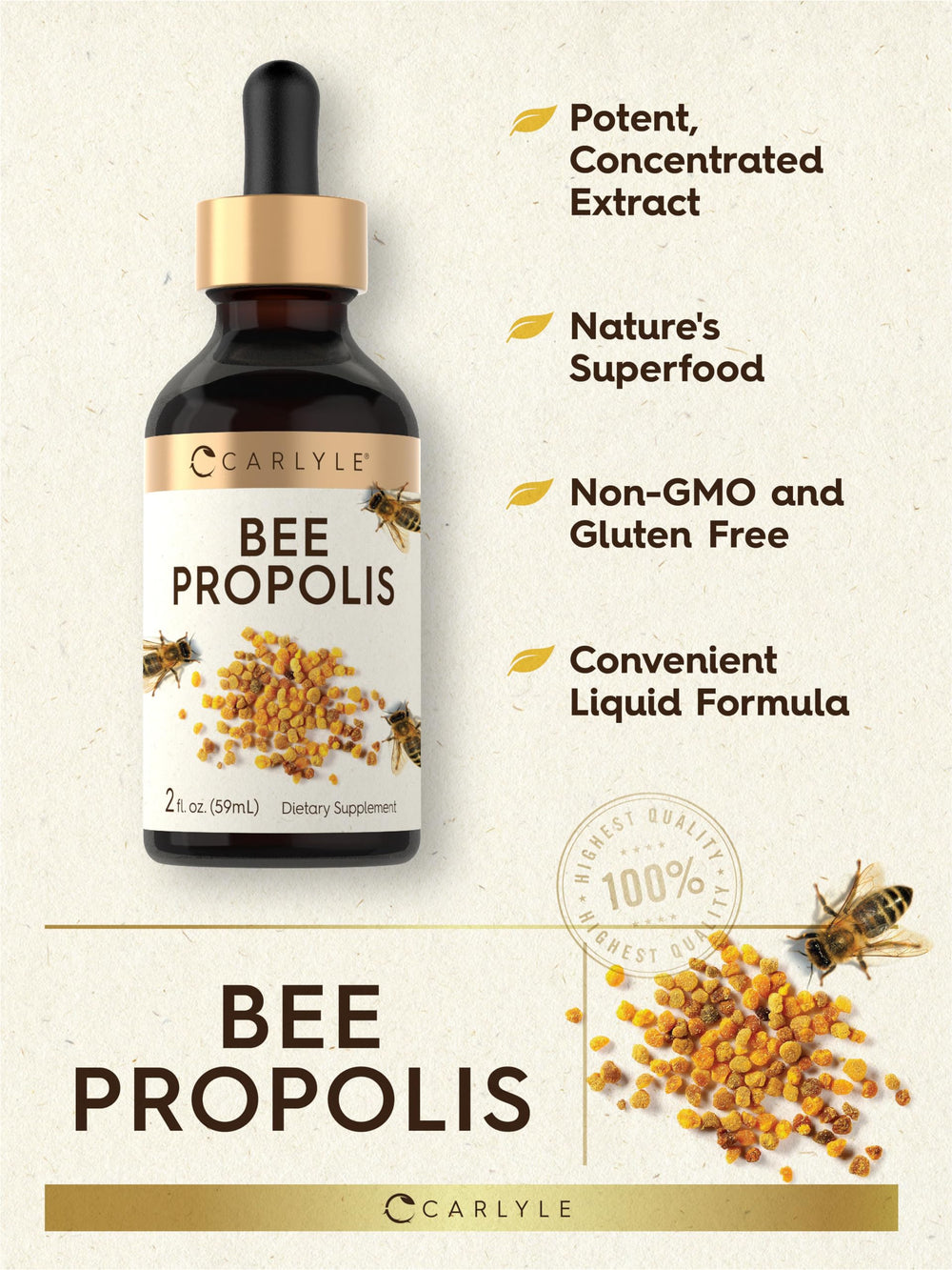 Carlyle Bee Propolis Tincture Drops being dispensed from the dropper.