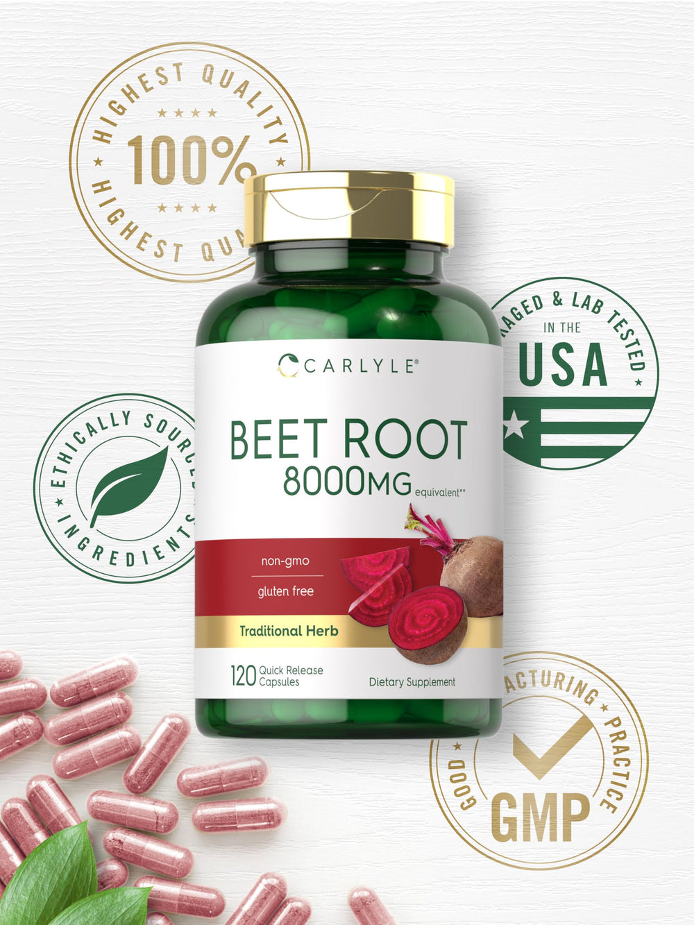 Lifestyle scene with Carlyle Beet Root Capsules on a desk