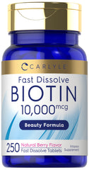 Front view of Carlyle Biotin 10000mcg bottle with 250 fast-dissolve tablets
