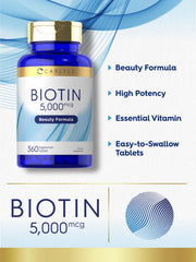 Extra-strength Biotin 5000 mcg tablet close-up