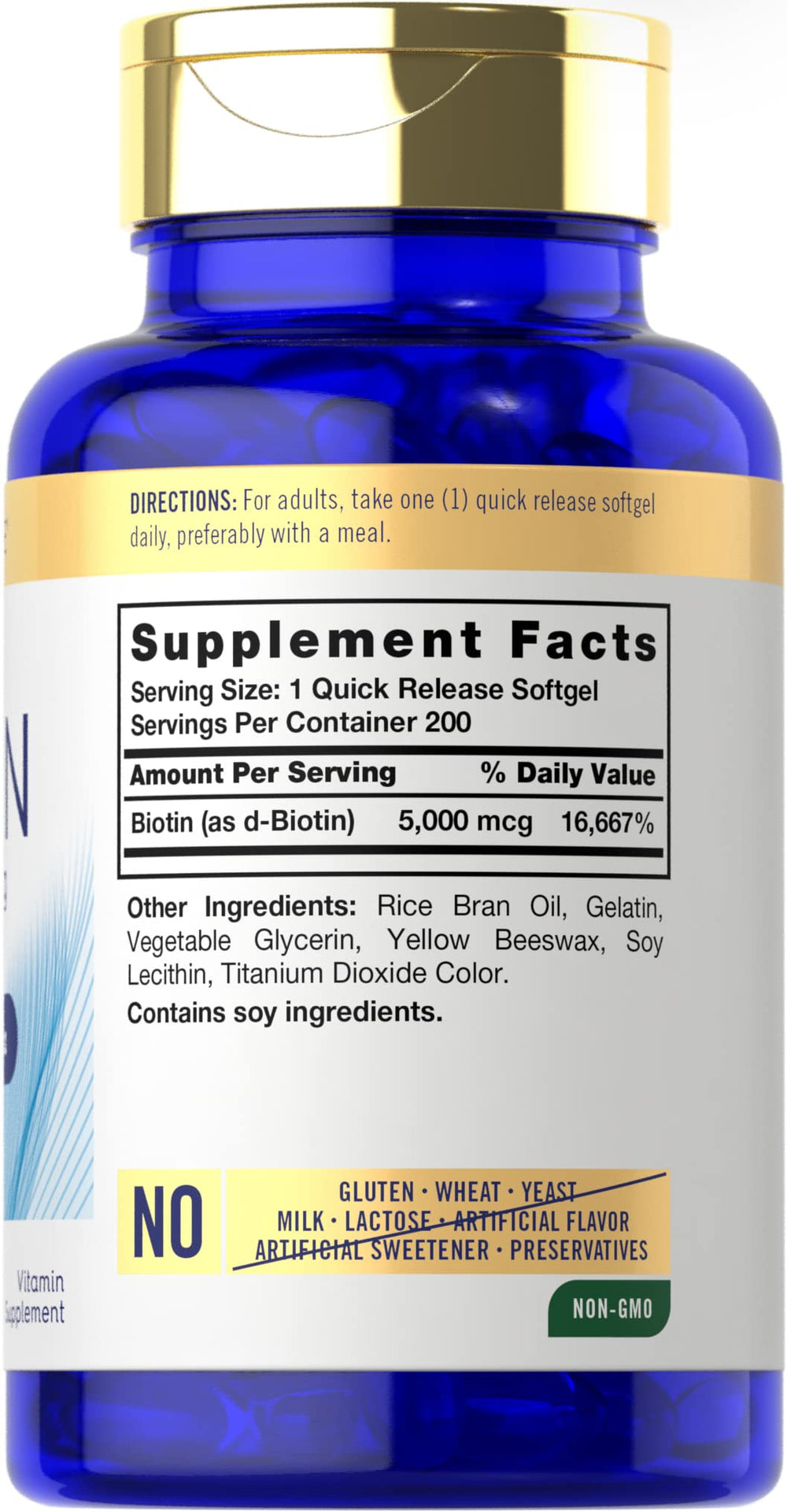 Close-up of Carlyle Biotin 5000mcg softgels label
