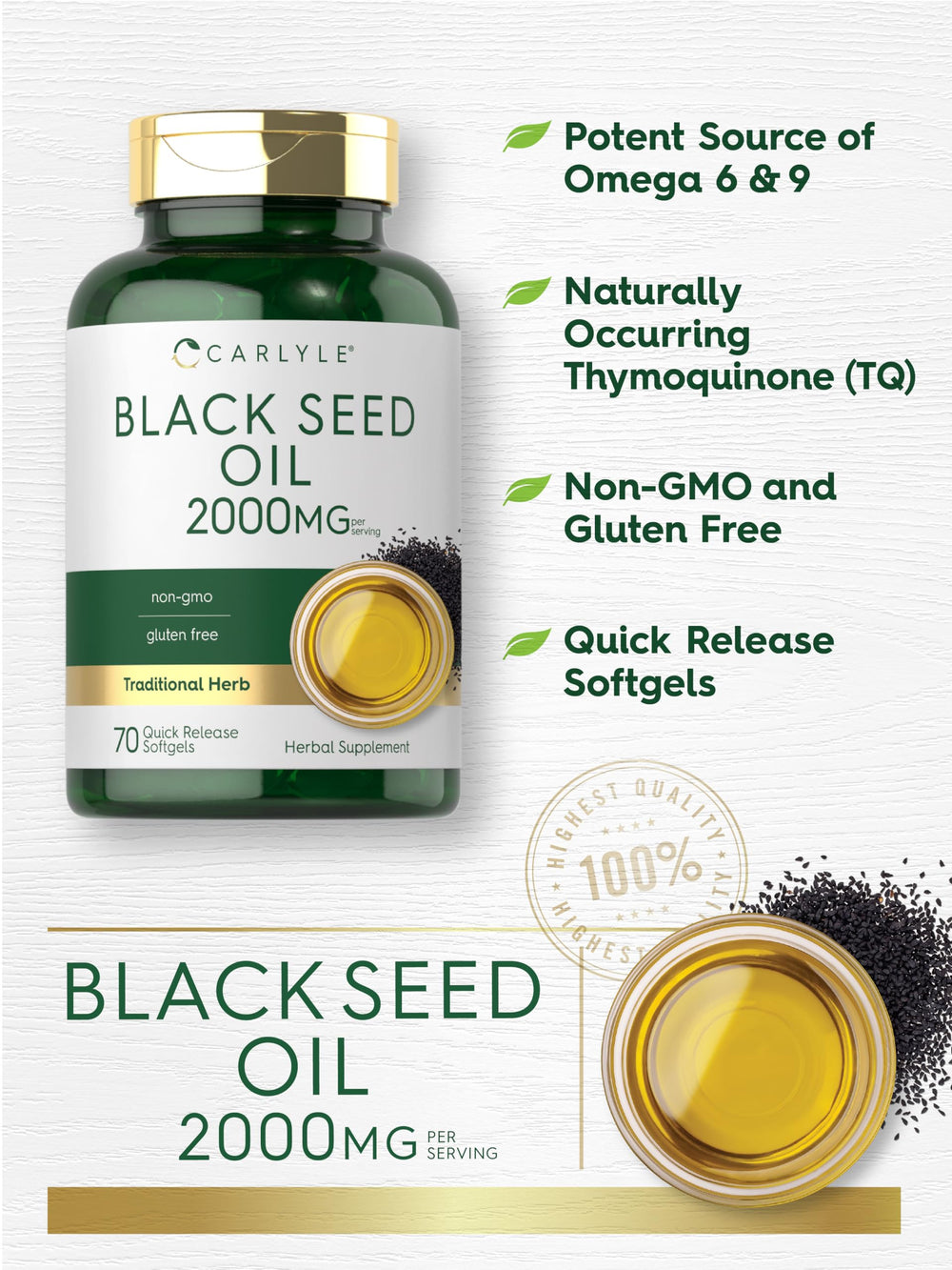 Close-up of black seed oil softgel capsules