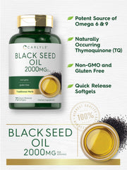Close-up of black seed oil softgel capsules