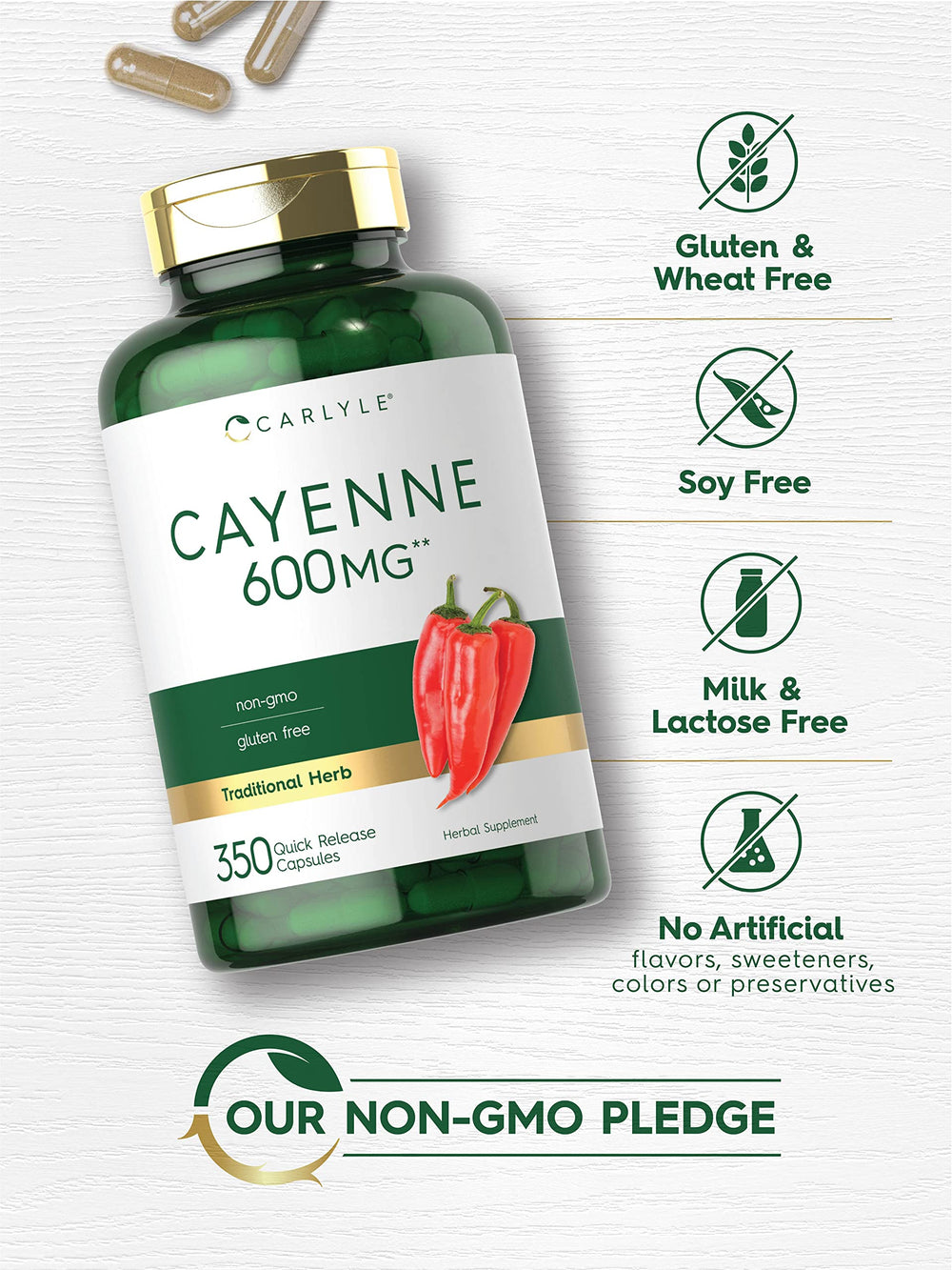 Supplement facts panel on Carlyle Cayenne Pepper Capsules bottle
