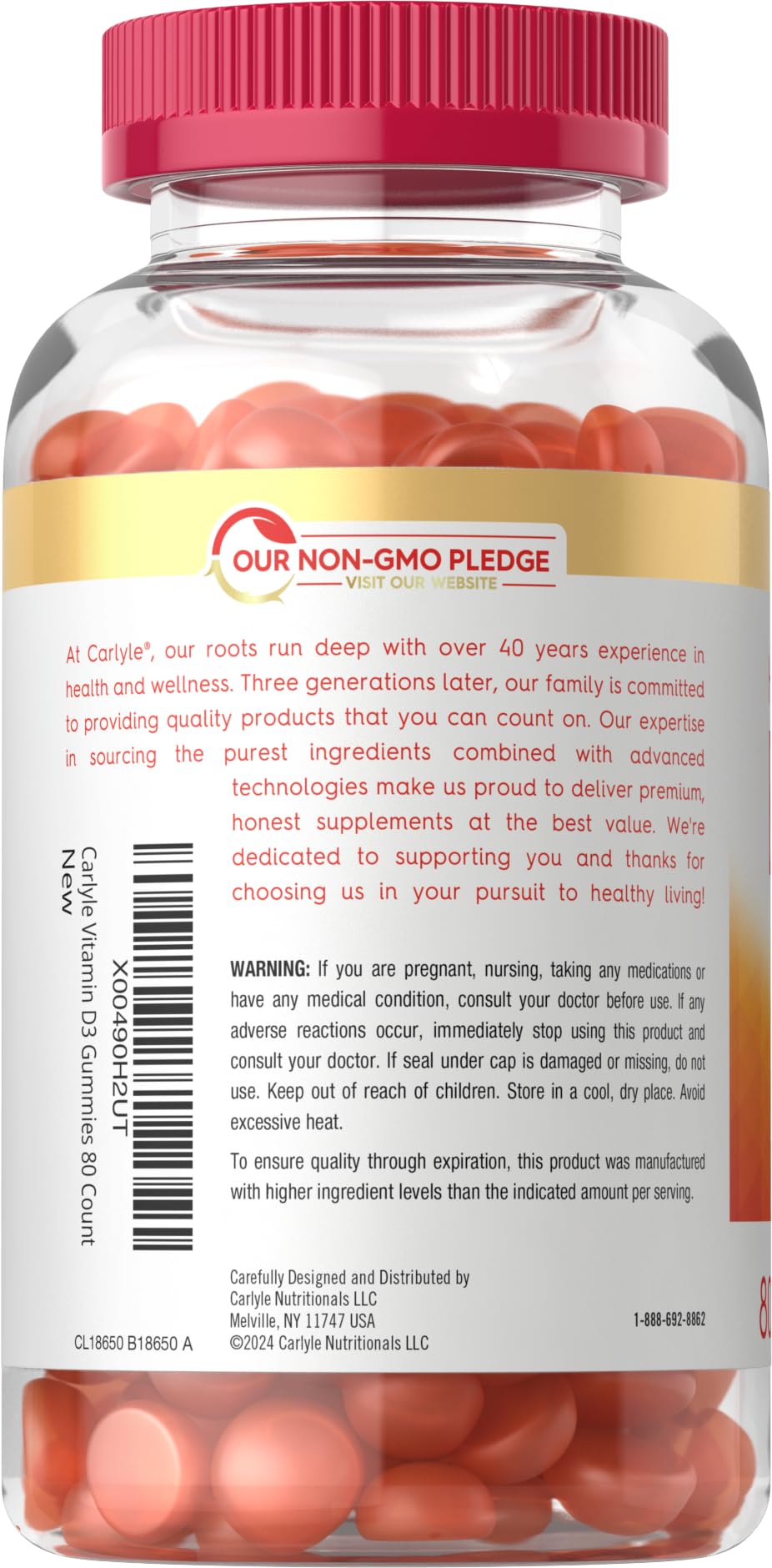80-count bottle of Carlyle D3 Peach Gummies
