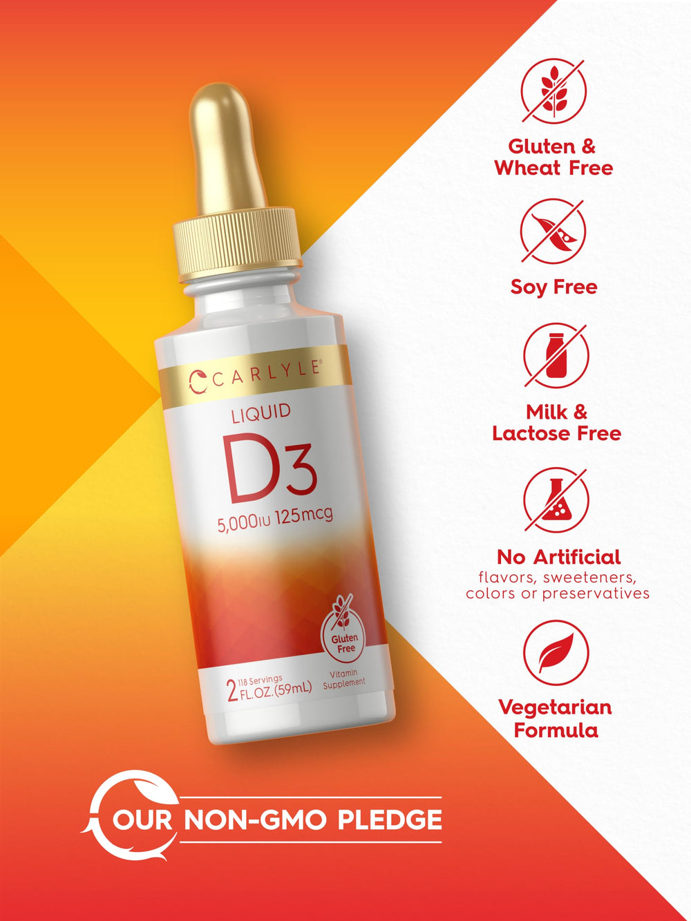 Non-GMO and gluten-free Carlyle D3 liquid drops iconography